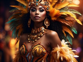 Brazilian Carnival dancer, feather samba costume, Generative AI