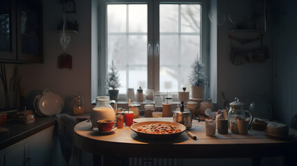 "Snowy Morning Serenity: A Rustic Kitchen Breakfast" AI-Generative