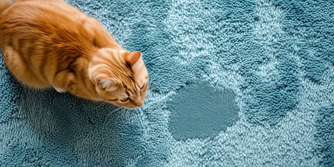 Katze sitzt neben Urinpfütze auf blauem Teppich - obrazy, fototapety, plakaty