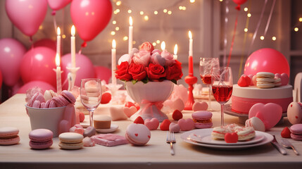 Saint Valentines Day with cake with candles, baloon hearts