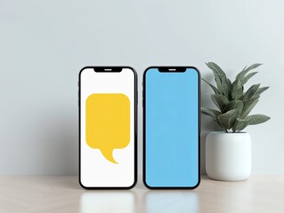 Blank messaging screen on a phone, Yellow text message bubble, HD, 8k, ideal stock image.