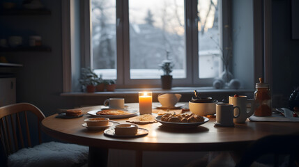 "Snowy Morning Serenity: A Rustic Kitchen Breakfast" AI-Generative