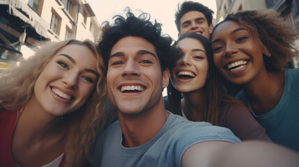 Fototapeta premium Selfie with friends. Group of young people taking a selfie while standing outdoors