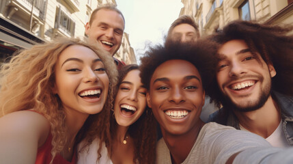 Group of young multiethnic people taking selfie on the street.