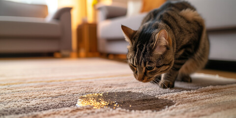 Katze hat auf den Fußboden gepinkelt und sitzt daneben