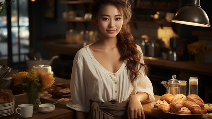 A sophisticated young woman poses with a selection of pastries in the inviting ambiance of a cozy, stylish cafe.