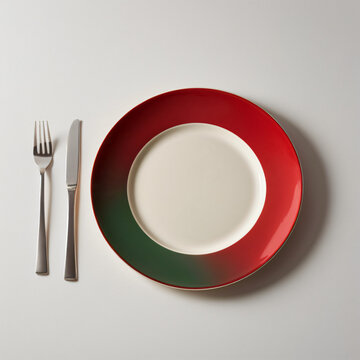 plate and cutlery,a red and green plate with a fork and knife, inspired by Antonín Chittussi, minimalism, brazil, crimson gradient, julian ope, product introduction photo,Generative AI