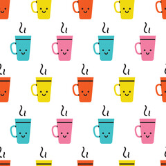 Vector seamless pattern with cute colorful cups of tea or coffee. Funny smiling cups or mugs with hot drink on white background. Wrapping design.