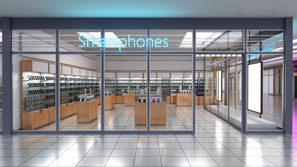 Smartphones store facade with glass storefront and neon signs, mobile phones display showcases inside. 3d illustration - obrazy, fototapety, plakaty
