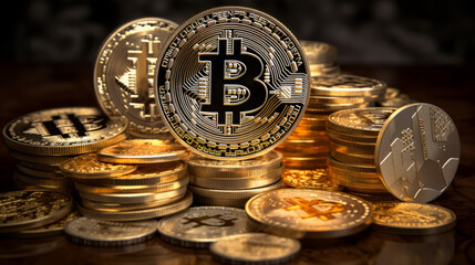 Selective focus of golden bitcoins with a pile of gold coins. investing in cryptocurrency