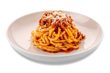 Square spaghetti pasta topped with red tomato sauce ragout with meat and grated Parmesan cheese in a white plate isolated