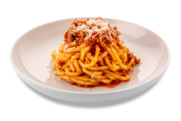 Square spaghetti pasta topped with red tomato sauce ragout with meat and grated Parmesan cheese in a white plate isolated