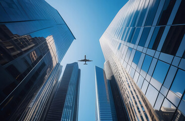 Airplane flying on business skyscrapers of financial center. Travel, economy, cargo transportation concept. Airplane flying over modern building glass of skyscrapers, Business concept of architecture