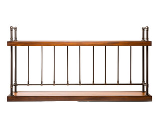 a wooden shelf with metal railing