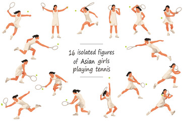 16 isolated figures of an East Asian girls playing women's tennis in white dresses in various stances and grips standing, running, rushing, jumping, hitting, throwing, catching the ball