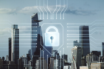 Virtual creative lock symbol and microcircuit illustration on New York city skyline background. Protection and firewall concept. Multiexposure