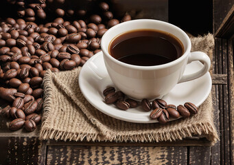 a cup of coffee and some coffee beans