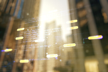Abstract virtual coding concept on office buildings background. Multiexposure