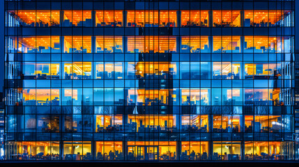 Nighttime City Architecture with Illuminated Office Windows, Patterned Skyscraper Facades, Modern Urban Building Exteriors