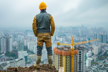 A Professional Architect, Standing on a Construction Site in Hard Hat and Boots, Gazing Intently at a Half-Built Skyscraper A Captivating Glimpse into the World of Work