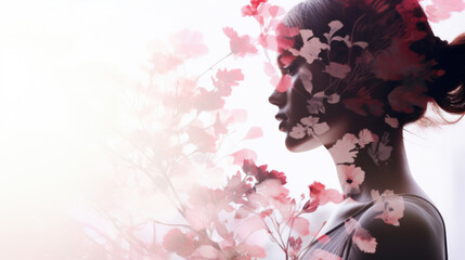 Woman profile with flowers in head, concept of mental health, double exposure - obrazy, fototapety, plakaty
