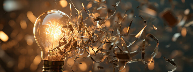 Exploding Light Bulb with sparks and fragments flying in Dark Room, copy space - obrazy, fototapety, plakaty