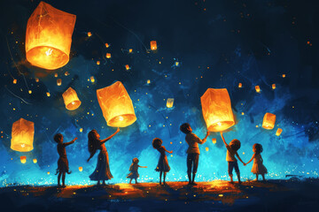 Joyful Lantern Festival with Children Illustration.
A cheerful illustration of children and adults releasing glowing lanterns into the night sky, full of stars. - obrazy, fototapety, plakaty