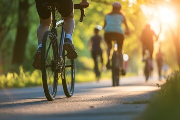 Exercising outdoors, running or cycling with friends. People Bicycling.