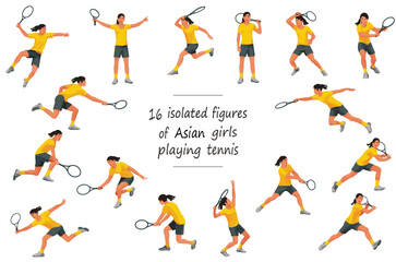 16 girl figures of Japanese, Korean or Chinese woman's tennis players in yellow T-shirts throwing, catching, serving, receiving, hitting the ball, standing, jumping and running