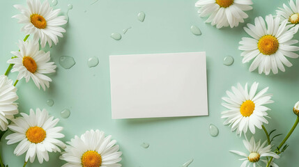 White Blank Card Mockup With Daisies Flowers in Decoration Against A Green Background. Spring Greeting Card Mockup Template and Invitation Card Mock Up