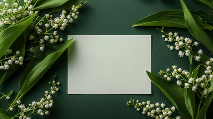 Obraz premium White Blank Card Mockup With Lily Of The Valley Flowers in Decoration Against A Green Background. Spring Greeting Card Mockup Template and Invitation Card Mock Up