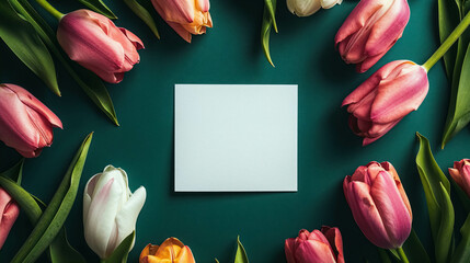 White Blank Card Mockup With Tulips Flowers in Decoration Against A Green Background. Spring Greeting Card Mockup Template and Invitation Card Mock Up
