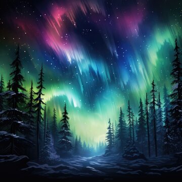  The image of the northern lights with a forest background