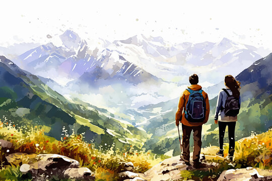 Experience the serenity of love with a watercolor illustration depicting a couple in the mountains.