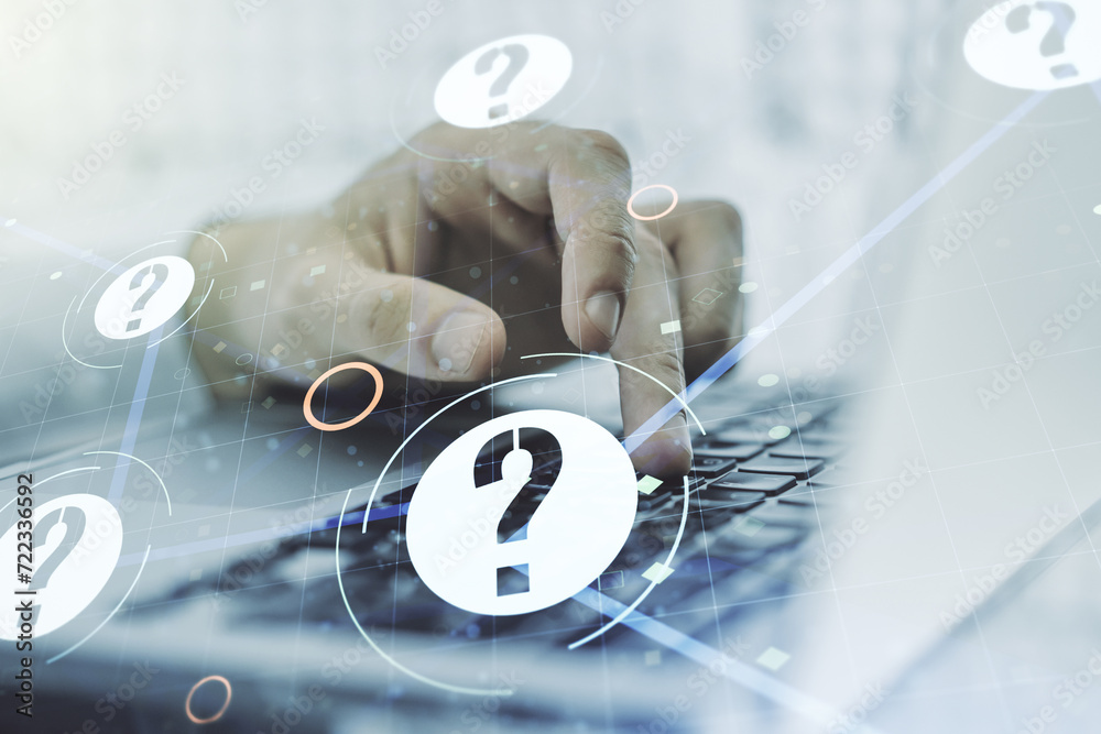 Aufkleber creative concept of question mark illustration and hands typing on laptop on background. faq and sea