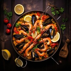  Top view of typical spanish paella with mussels, prawns and pieces of lemon. Traditional spanish food