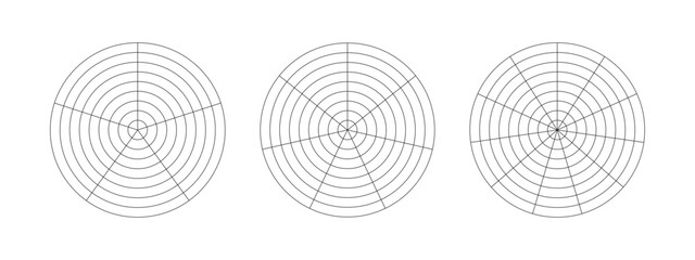 Wheel of life template. Simple coaching tool for visualizing all areas of life. Circle diagrams of life style balance. Polar grid with segments, concentric circles. Blank of graph paper. Vector icon.
