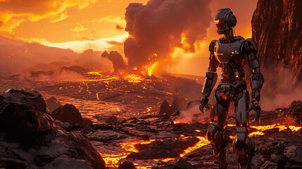 Robot walking near a volcano - AI Generated