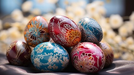 Traditional hand paint easter eggs with flowers in the background