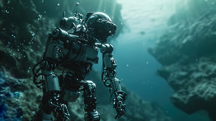 underwater robot male character human assistant artificial intelligence swims dives into the sea under water deeply - AI Generated
