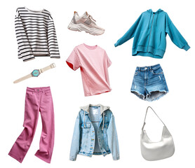 Fashion female clothes isolated set, gir's apparel collection on white background. Women's trendy...