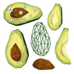 Avocado icons set. Bright green whole fruit or vegetables, half, slices, with a large seed. Food for a healthy diet. Low poly style