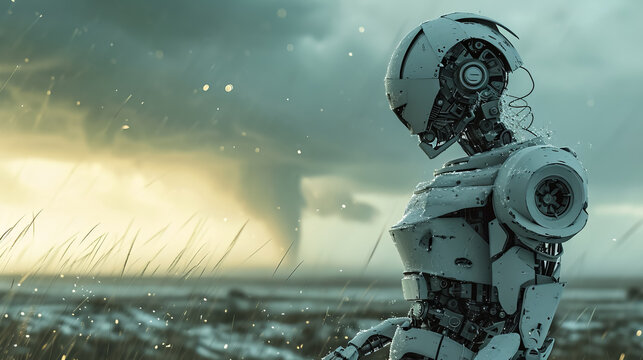 AI robot thinking how to stop a tornado - AI Generated