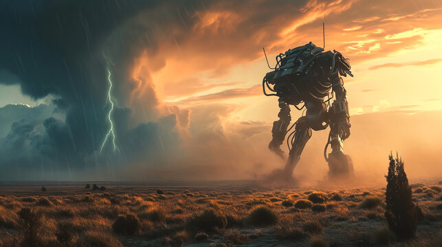 natural disaster landscape with mecha robot and a tornado - AI Generated