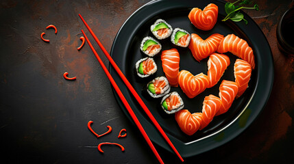Heart shaped Valentine day sushi set. Classic sushi rolls, philadelphia, maki set for two, with two pairs of chopsticks for Valentine's dating dinne - obrazy, fototapety, plakaty