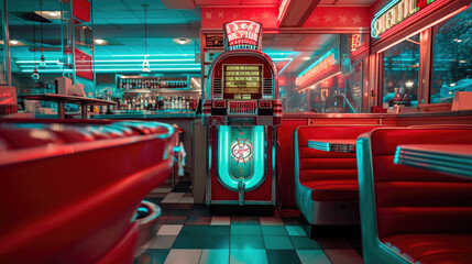 Retro style cafe restaurant with art deco furnishings and jukebox