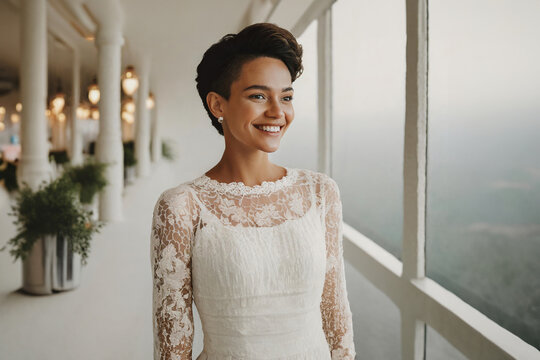 A radiant woman with a stylish pixie haircut and a warm smile