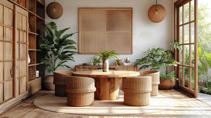 Dining Room with Round Table, Rattan Chair, Wooden Commode, Poster, and Kitchen Accessories - Mock-Up Poster on Beige Wall