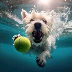 West Highland white terrier trying to catch the ball under water - obrazy, fototapety, plakaty