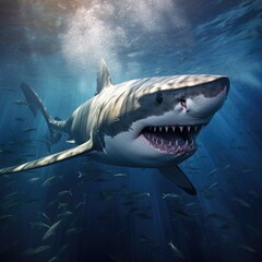 White shark underwater. Swimming is dangerous